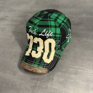 Asspizza Austin Babbitt Hat Green Black Plaid 730 F**k Life Distress Trucker Cap